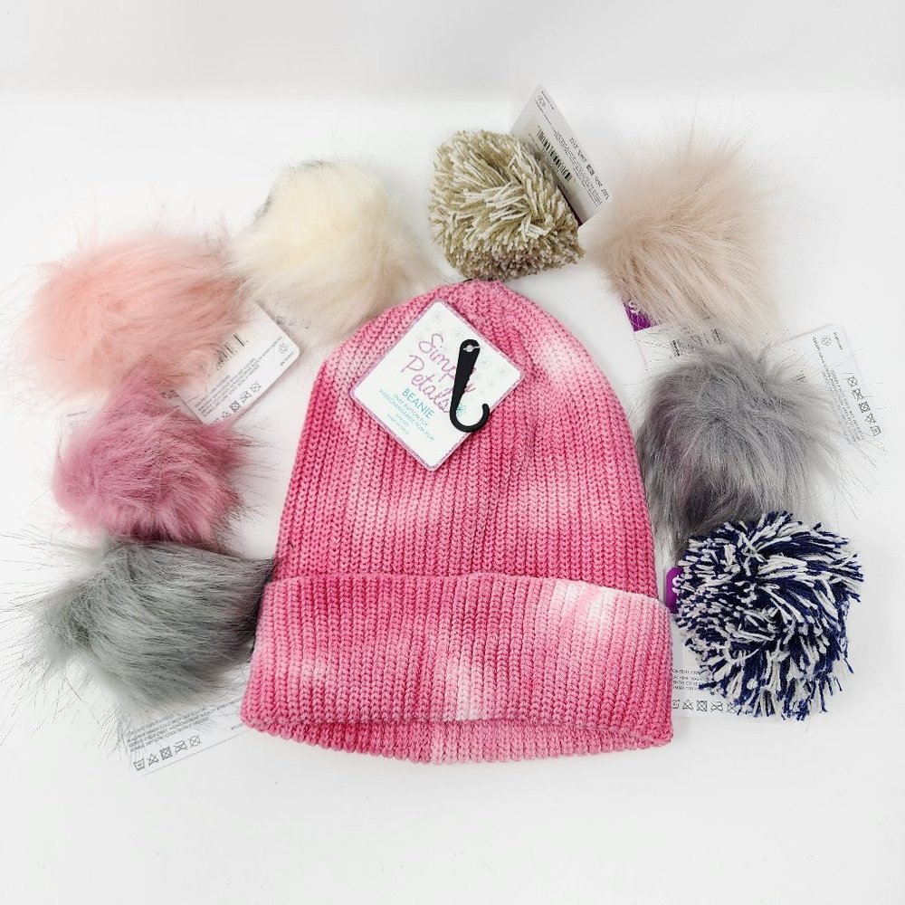 New Simply Petals Womens Pink Tie Dye Knit Beanie Cap & 8 Interchangeable Poms